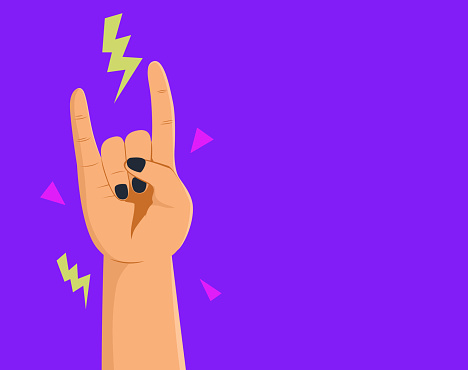 Vector illustration of male hand close-up on a pop art background shows hand ing Rock'n'roll gesture