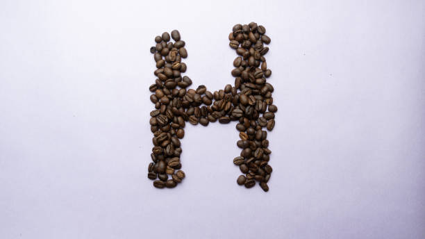 Roasted brown coffee beans arranged in letter H shape and studio lighting on a transitional light blue pink color background.