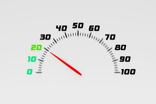 3D close-up illustration of a white dashboard of a car, a digital bright speedometer with a red arrow in a sporty style.