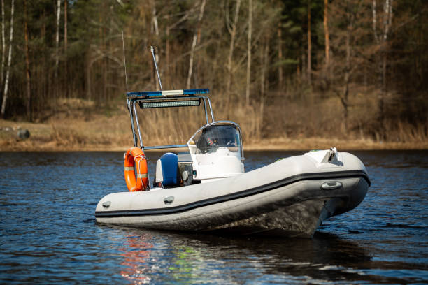 PVC inflatable police boat floats in water