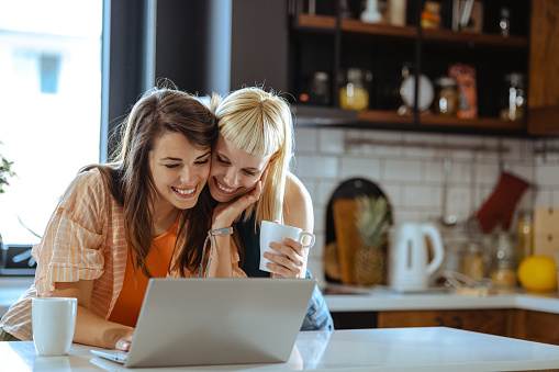 Young LGBTQ+ couple enjoying together at home and using laptop