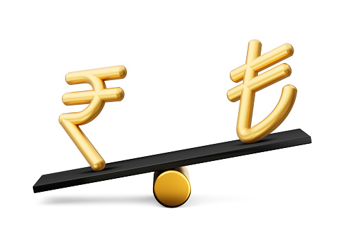 3d Golden Rupee And Lira Symbol Icons With 3d Black Balance Weight Seesaw, 3d illustration