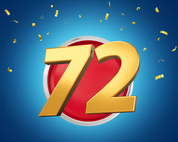 istock Gold Number 72 Gold Number Seventy Two On Rounded Red Icon with Particles, 3d illustration 1646573773