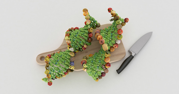 Delve into the fascinating world of nutrigenetics through this visual masterpiece. By sculpting vegetables and fruits into a DNA double helix, the image vividly portrays how our dietary choices intricately shape our genetic expressions and overall health.