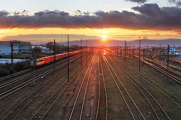 istock Railroad with train at sunset and many lines 164659268