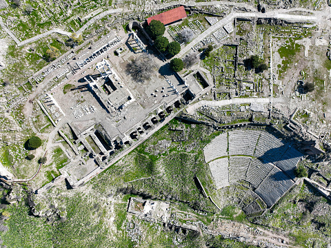 Aerial drone shooting of ancient city of Pergamon acropolis. Izmir - Turkey