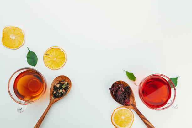 istock Tea in a glass cup with spices and herbs. Top view. 1646597109