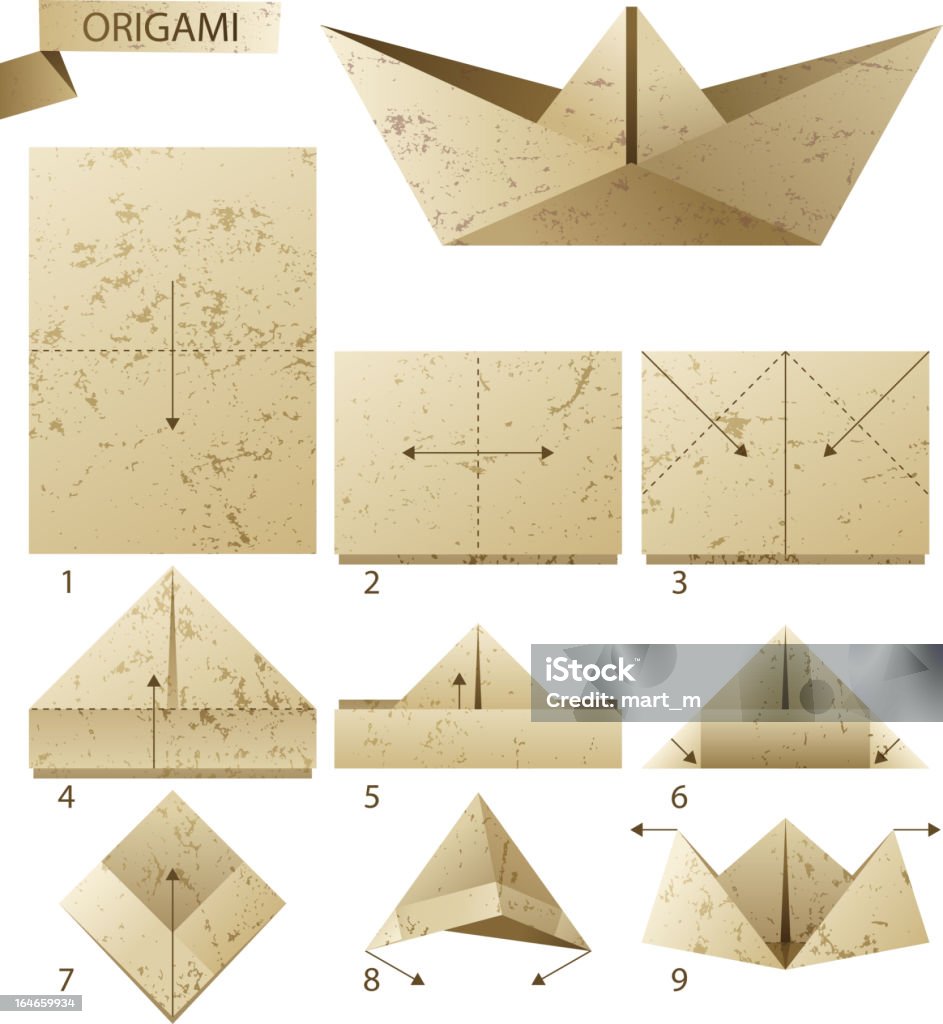Paper boat 9 steps instruction how to make paper boat - vector. EPS 10. File contains transparences! Folded stock vector