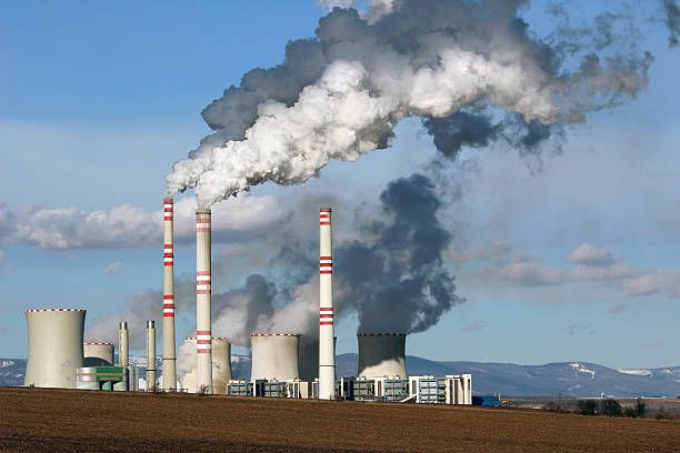 view of smoking coal power plant stock photo
