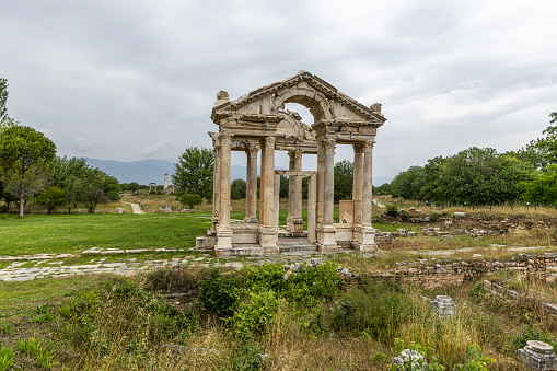Ruins of the Tetrapylon Gate in the ancient Greek city of Aphrodisias in western Anatolia, Aydin, Turkey.
