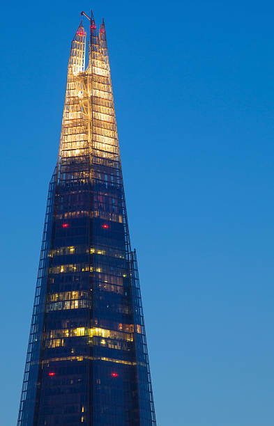 The Shard Skyscraper London Close up detail of The Shard skyscraper at dusk against deep blue sky London the shard close up stock pictures, royalty-free photos & images