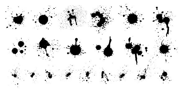 Grunge Ink Splash Spot Blob Splatter Design Elements Set. Vector Template Brush Collection. Black Ink Paint. Grunge Backdrop. Dirty Banner and Dirty Textures.