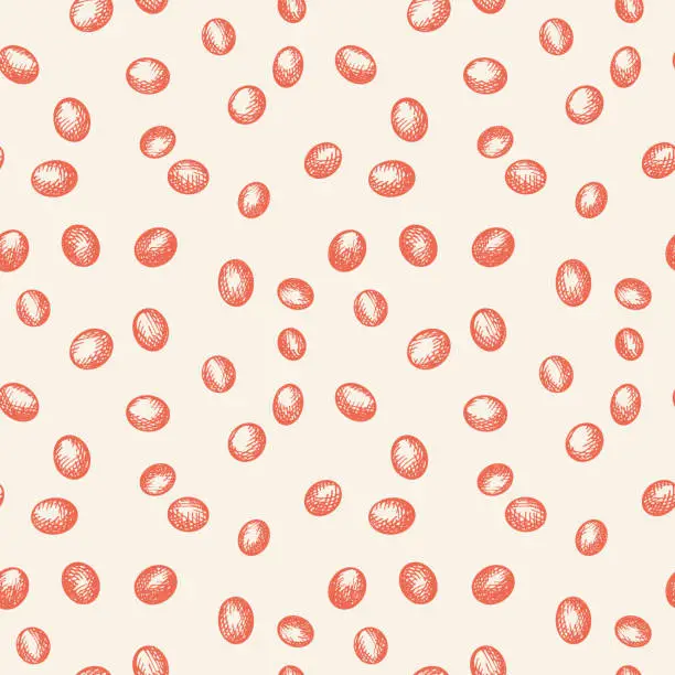 Vector illustration of Red lentil peas seamless pattern repeating background. Hand drawn engraved lentil bean seeds in decorative ornament. Cereal harvest, food. For design, packaging, label, print, card.Vector illustration