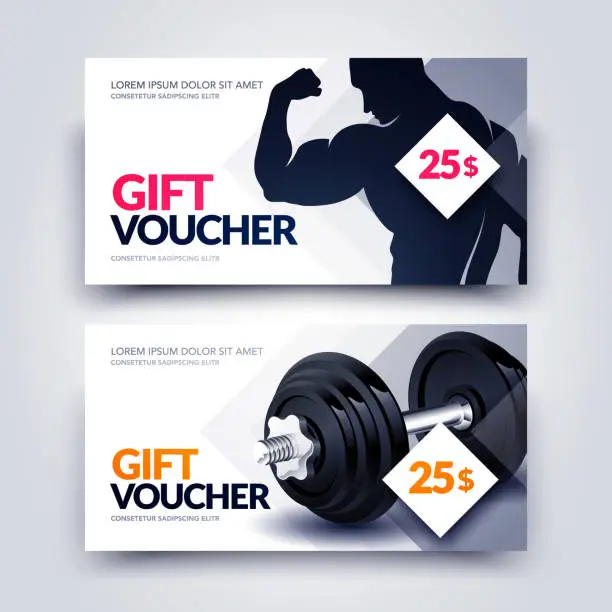 Vector illustration of Sports Or Gym Voucher With Dumbbell And Muscular Men Silhouette