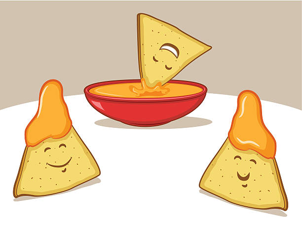 Nachos Cartoon Vector illustration of tortilla chip characters with cheese dip. EPS 10 format with transparencies. dipping sauce stock illustrations