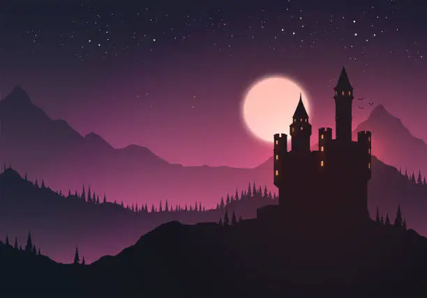 Vector illustration of Vector Illustration Of An Castle In A Landscape At Night