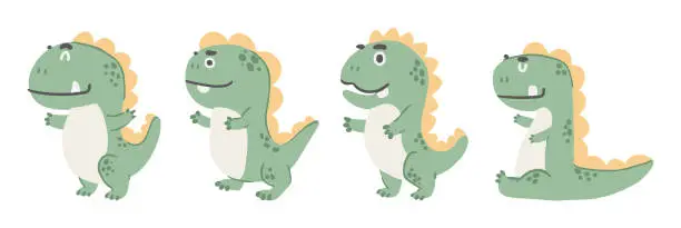 Vector illustration of Set of Tyrannosaurus Rex . Cute dinosaurs cartoon characters . Hand drawn style . White isolate background . Vector .