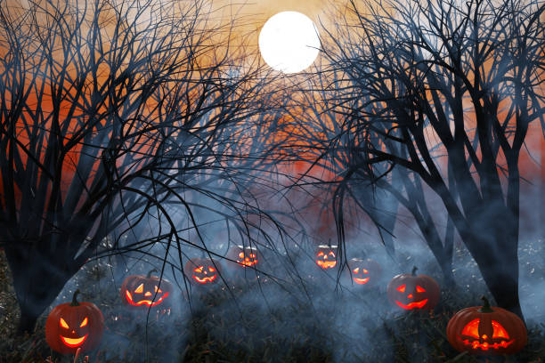 istock Halloween. Row of glowing pumpkin lanterns dark forest full moon mist. 3d rendering 1646636654