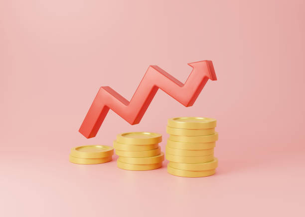 istock Realistic 3D red up arrow and gold coin stack on soft pink background. business investment, financial success and growth. 3D rendering illustration. 1646639957