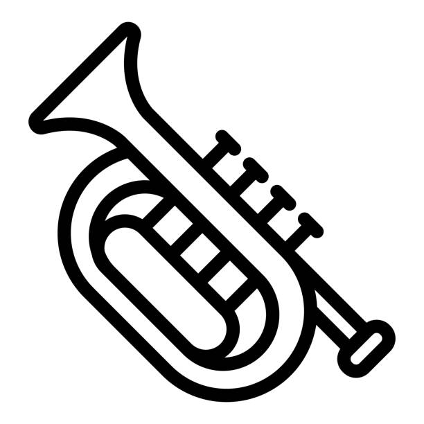 illustrations, cliparts, dessins animés et icônes de icône de ligne de cor, concept de l’oktoberfest, signe d’instrument de musique à vent sur fond blanc, icône de cor français dans le style contour conception web de concept mobile. graphiques vectoriels. - trumpet jazz bugle brass instrument