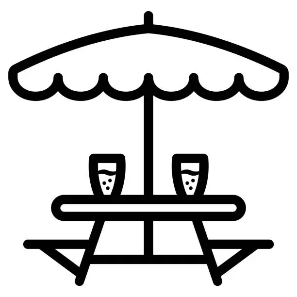 Vector illustration of Outdoor table with benches line icon, Beer Fest concept, Outdoor camping furniture with umbrella sign on white background, Camping table in outline for mobile. Vector graphics.