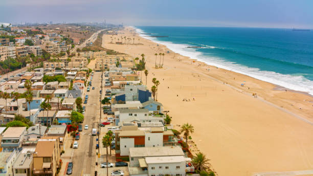 Aerial view of residential district by beach, Playa Del Rey, Los Angeles, California, USA.