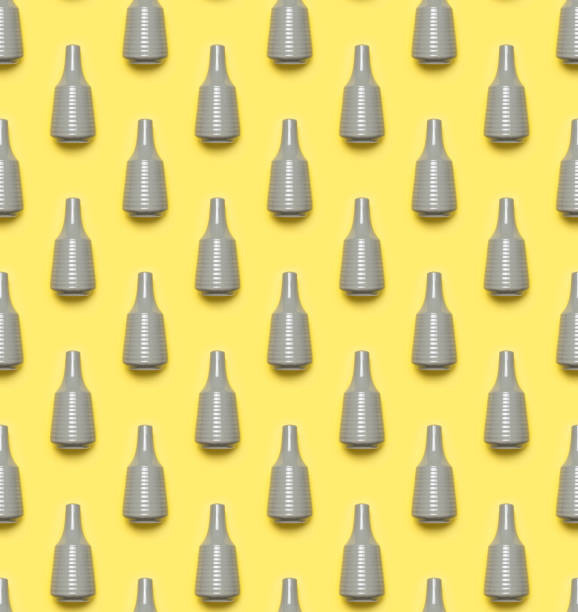 Seamless pattern Gray ceramic flower vase on yellow background. Trendy colors of the year 2021. Illuminating and Ultimate gray. Flat lay top view. Home interior decor, minimalistic style vase for home. patrón sin costuras jarrón de flores de cerámica gris sobre fondo amarillo. colores de moda del año 2021. gris iluminador y definitivo. vista plana de la parte superior. decoración interior del hogar, jarrón de estilo minimalista para el hogar