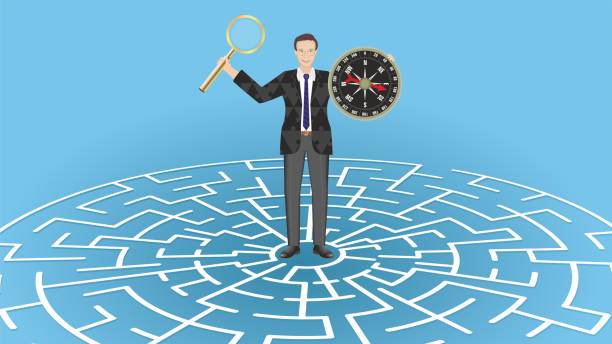 Man at maze game, labyrinth, bringing tools as magnifying glass and compass to help him find the right road. Dimension 16:9. Vector illustration. Man at maze game, labyrinth, bringing tools as magnifying glass and compass to help him find the right road. school-guidance-counselor stock illustrations