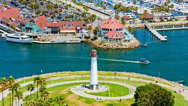 Aerial view of Lions Lighthouse at marina along Port Of Long Beach, Long Beach, California, USA.