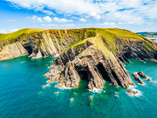 Aerial view of the Petit Minou Lighthouse is a lighthouse in the roadstead of Brest, standing in front of the Fort du Petit Minou, in the commune of Plouzané. Coastline. France