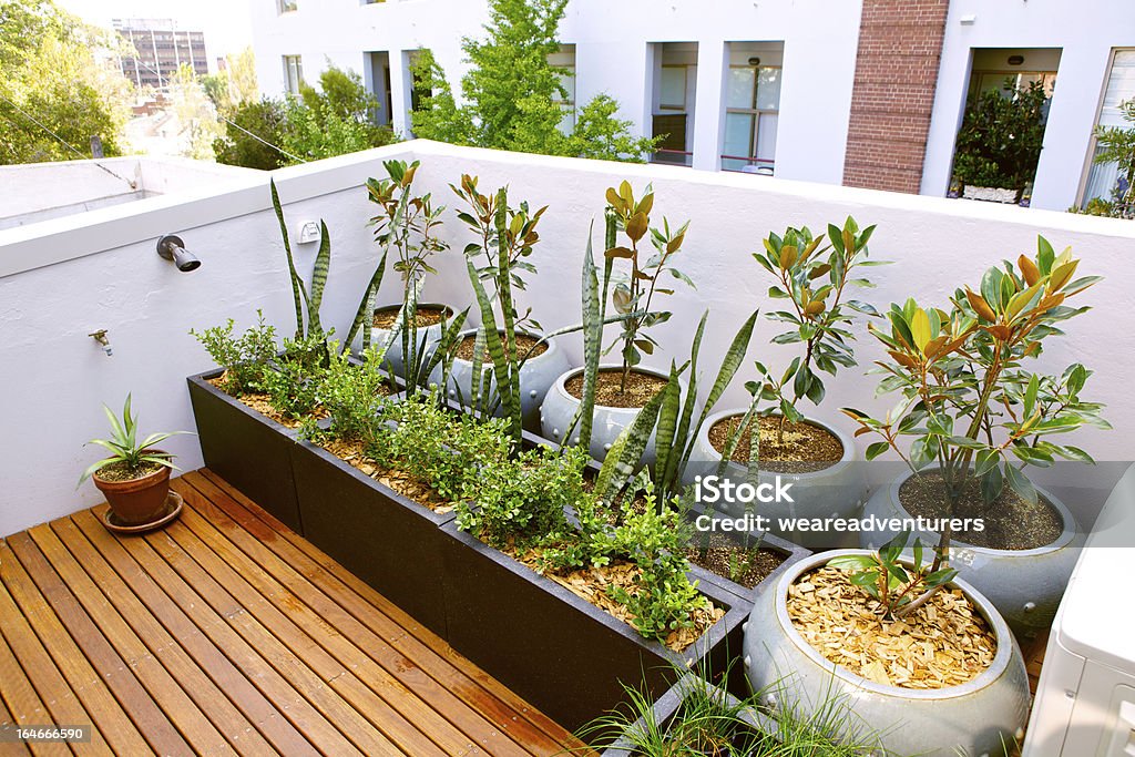 Roof Terrace Urban roof terrace with plants. Balcony Stock Photo