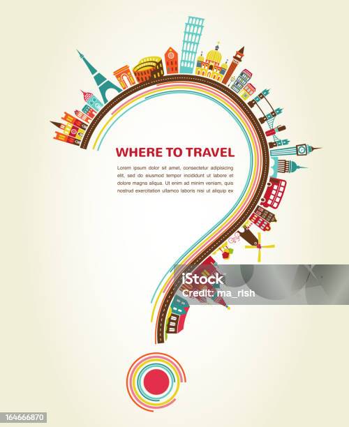Где Для Travel Question Mark With Tourism Icons And Elements — стоковая векторная графика и другие изображения на тему Вопросительный знак