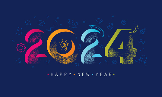 Vibrant 2024 Happy New Year greeting realting with E Learning concept. File includes line icons set, copy space text and vibrant 2024 year with hand drawn textured effect.