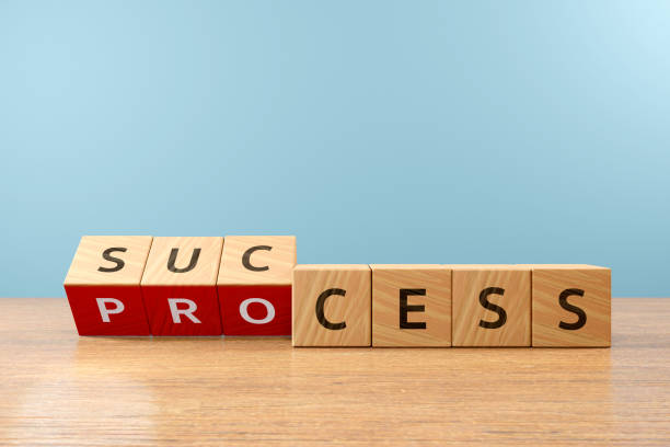 istock Wooden cube block flip over word PROCESS to SUCCESS on wood table, 3D render 1646675418