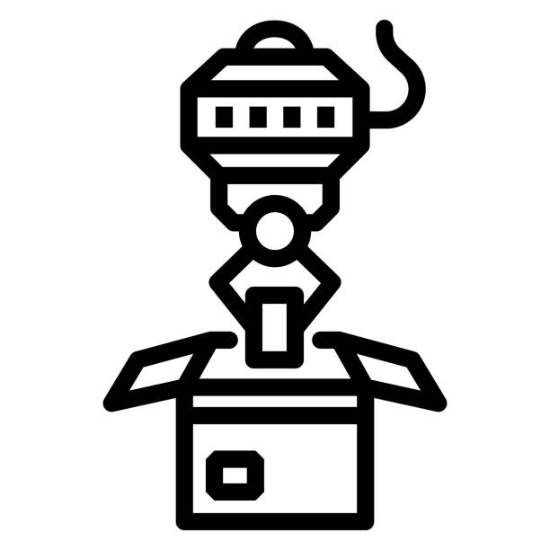 Robot loader line icon, Robotization concept, robotic packaging sign on white background, Industrial mechanical robot arm icon in outline for mobile web design. Vector graphics. Robot loader line icon, Robotization concept, robotic packaging sign on white background, Industrial mechanical robot arm icon in outline for mobile web design. Vector graphics robot-hand-reaching stock illustrations