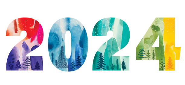 2024 Happy New Year Water Color Numbers vector art illustration