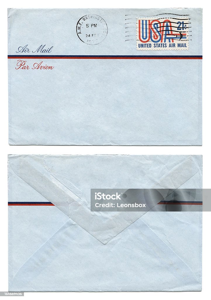 Air Mail Label Vintage air mail envelope (sent from Washington 1972) 1970-1979 Stock Photo