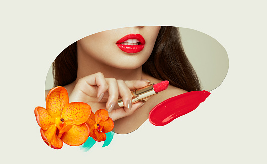 Lips painted red lipstick young beautiful woman in the form of a fashionable collage. Conceptual fashion art design in a modern style