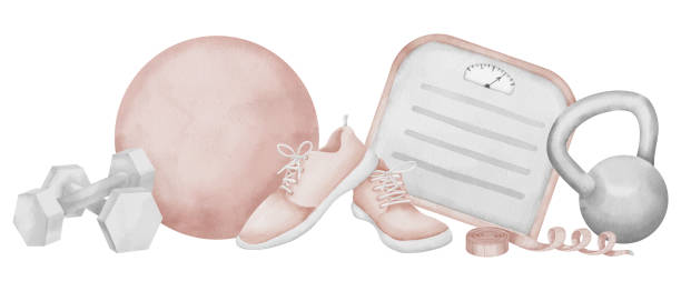 bildbanksillustrationer, clip art samt tecknat material och ikoner med sports equipment on isolated background. hand drawn watercolor fitness illustration of tape measure and scales. drawing of pink fit ball and sneakers. sketch dumbbell and kettlebell for gym banner - pilatesboll rosa on white