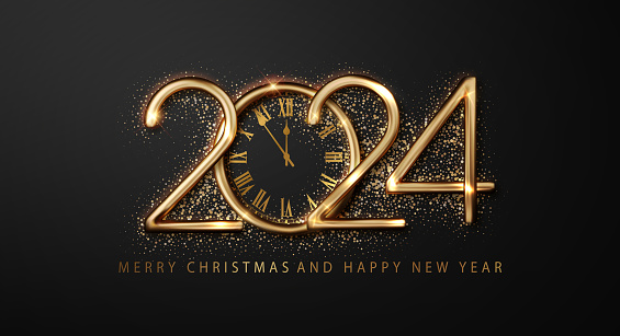 2024 clock and fireworks create luxurious, dark backdrop to welcome Happy New Year. Striking christmas design for a beautiful holiday banner