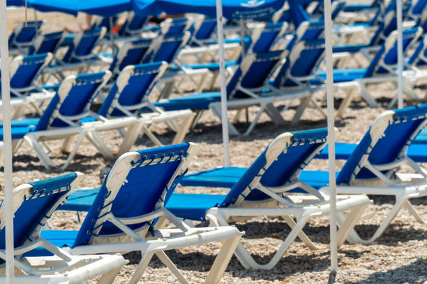 istock Empty rental sunbeds on the beach shoreline 1646774445
