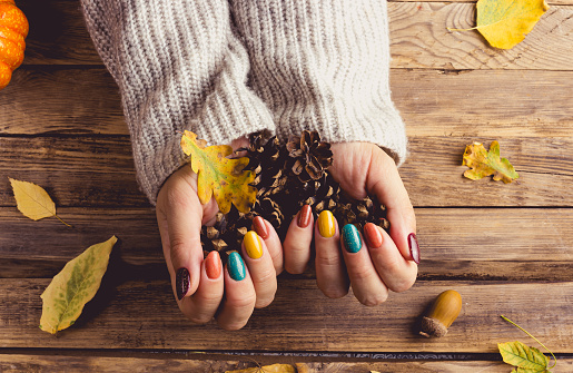 Closeup of a young womans hands with trendy fall nail colors yellow, turquoise, and brown She wears a cozy gray knit sweater, resting her hands on a rustic table adorned with leaves, pinecones, acorns