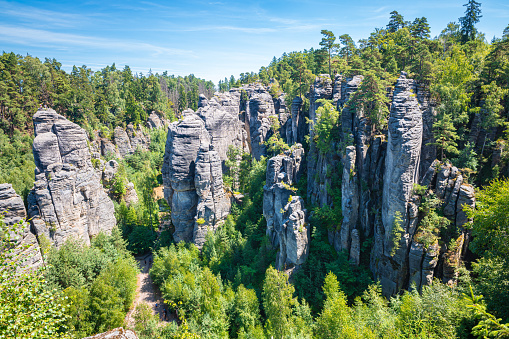 Scenic view of the rock towers of Prachov Rocks (Czech: Prachovské skály) in České Švýcarsko National Park, Czech Republic.