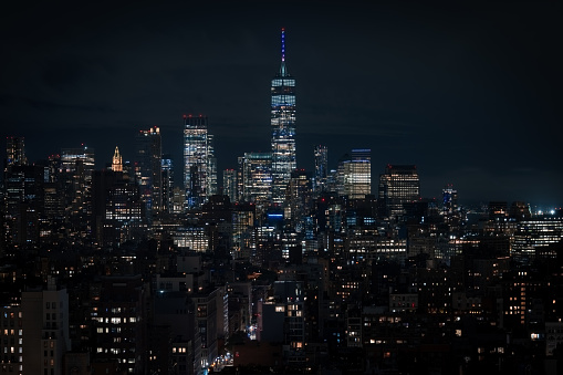 The famous Manhattan Skyline by night.
