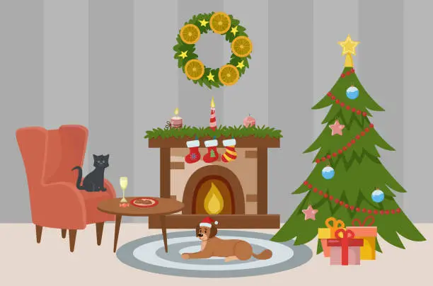 Vector illustration of Christmas room interior. Christmas tree and decorations. Gifts and fireplace. Cozy armchair. Dog by the fireplace. The cat is on the chair. Vector illustration in flat style.