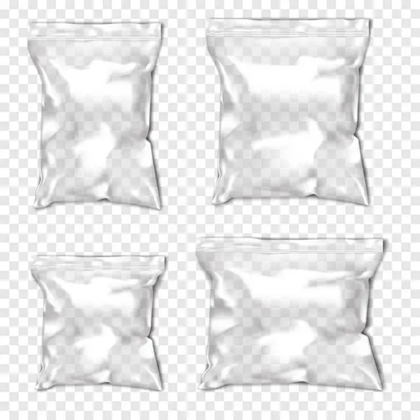 Vector illustration of Clear glossy resealable plastic bag with zip lock vector mock-up set. Empty blank zipper PVC vinyl package mockup. Template for design
