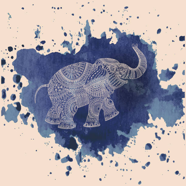 vektorillustration der beigefarbenen handgezeichneten elefantensilhouette mit ethnischen stammesornamenten auf blauem aquarellfleckhintergrund - backgrounds elephant illustration and painting india stock-grafiken, -clipart, -cartoons und -symbole