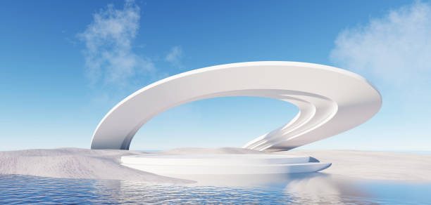 istock 3d Render, Abstract Surreal pastel landscape background with Architecture modern building and geometric arches, Colorful dune scene with copy space, blue sky and cloudy, Minimalist decor design 1646848627