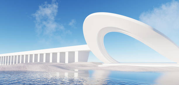 istock 3d Render, Abstract Surreal pastel landscape background with Architecture modern building and geometric arches, Colorful dune scene with copy space, blue sky and cloudy, Minimalist decor design 1646848819