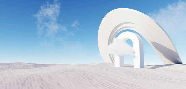 istock 3d Render, Abstract Surreal pastel landscape background with Architecture modern building and geometric arches, Colorful dune scene with copy space, blue sky and cloudy, Minimalist decor design 1646850717